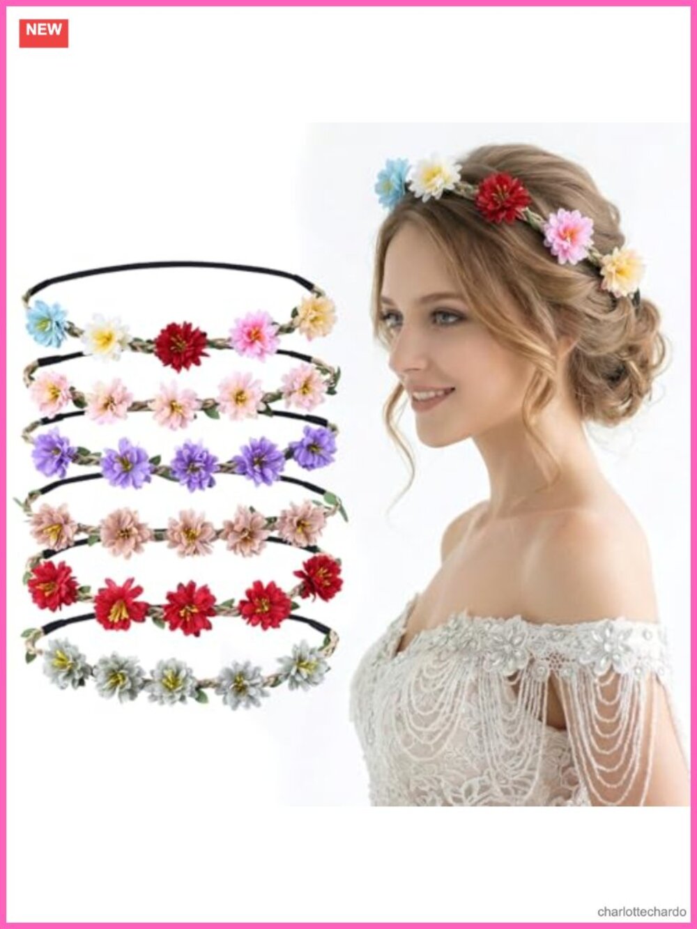 Boho Floral Headbands Set 6 Fabric Flower Crowns for Wedding Party